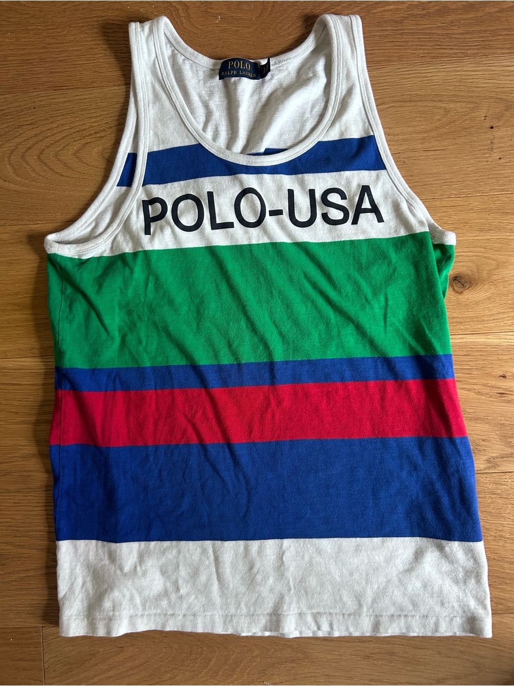 Ralph Lauren White Tee with blue, red and green stripes